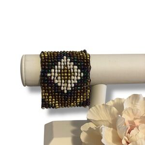 Southwestern Beaded Bracelet Stretch Geometric Purple & Gold Multi